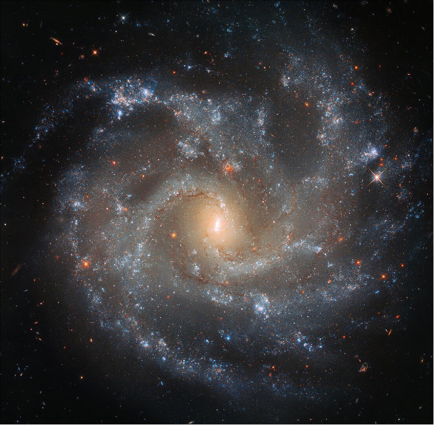 Figure 6: In the last 20 years the galaxy NGC 5468, visible in this image, has hosted a number of observed supernovae of both the aforementioned types: SN 1999cp, SN 2002cr, SN2002ed, SN2005P, and SN2018dfg. Despite being just over 130 million light-years away, the orientation of the galaxy with respect to us makes it easier to spot these new ‘stars’ as they appear; we see NGC 5468 face on, meaning we can see the galaxy’s loose, open spiral pattern in beautiful detail in images such as this one from the NASA/ESA Hubble Space Telescope (image credit: ESA/Hubble & NASA, W. Li et al.; Acknowledgements: Judy Schmidt (Geckzilla); CC BY 4.0)