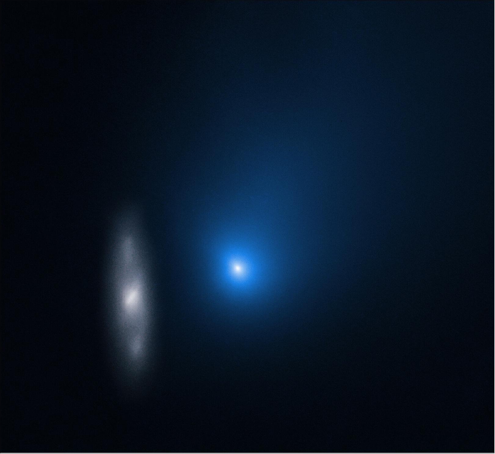 Figure 5: Comet 2I/Borisov and Distant Galaxy in November 2019 as observed by the Hubble Space Telescope (NASA, ESA, and D. Jewitt (UCLA) , CC BY 4.0) 7)