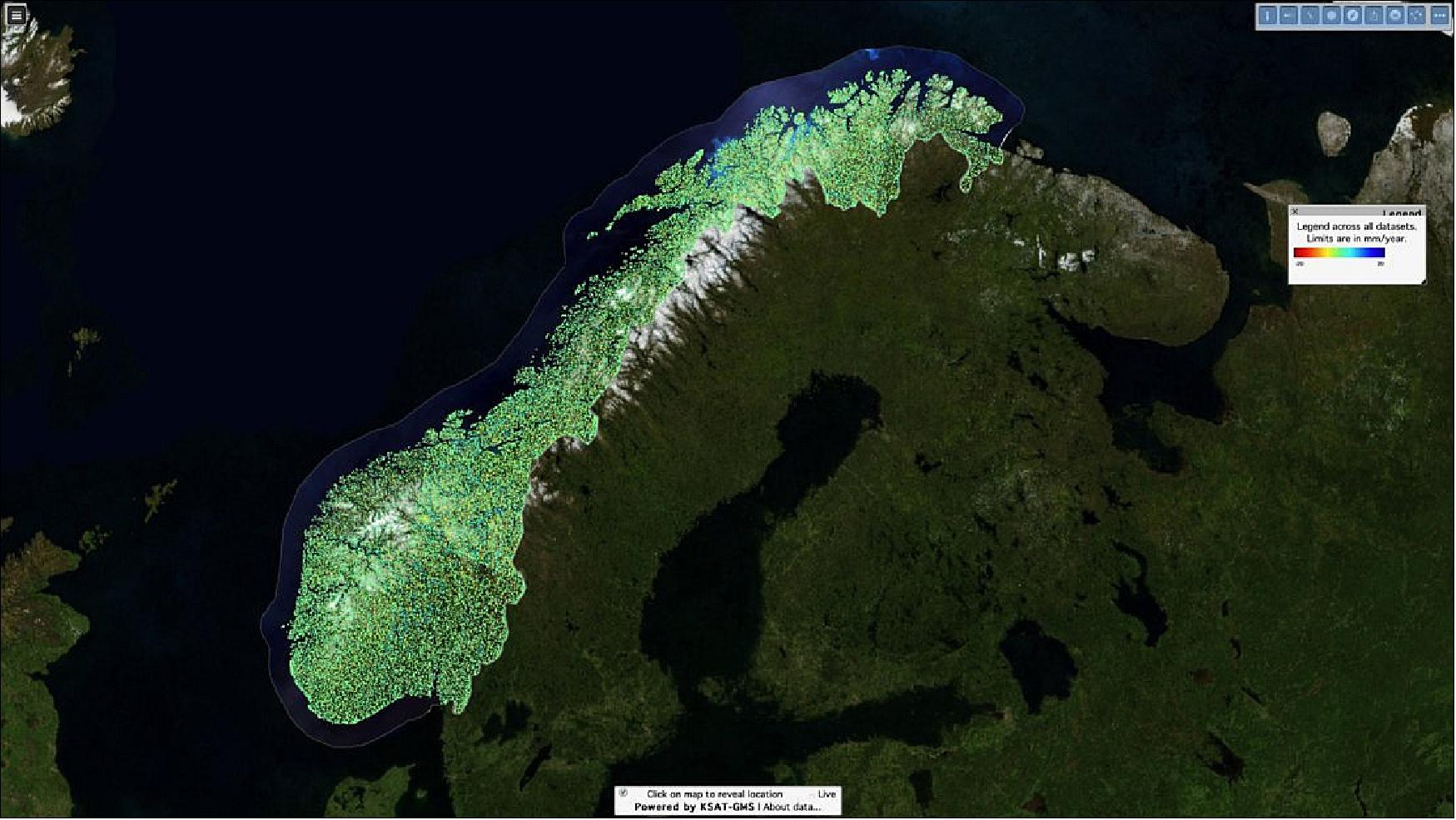 Figure 36: On 29 November 2018, the Geological Survey of Norway (NGU), the Norwegian Water Resources and Energy Directorate (NVE) and the Norwegian Space Center launched the Norwegian Ground Motion Service, InSAR Norway, to help monitor and measure all of Norway’s ground movements, using Copernicus Sentinel-1 data. InSAR data is given at full resolution, freely and openly available to everyone from the InSAR Norway portal (image credit: ESA, the image contains modified Copernicus Sentinel data (2018)/processed by InSAR Norway and powered by KSAT-GMS)