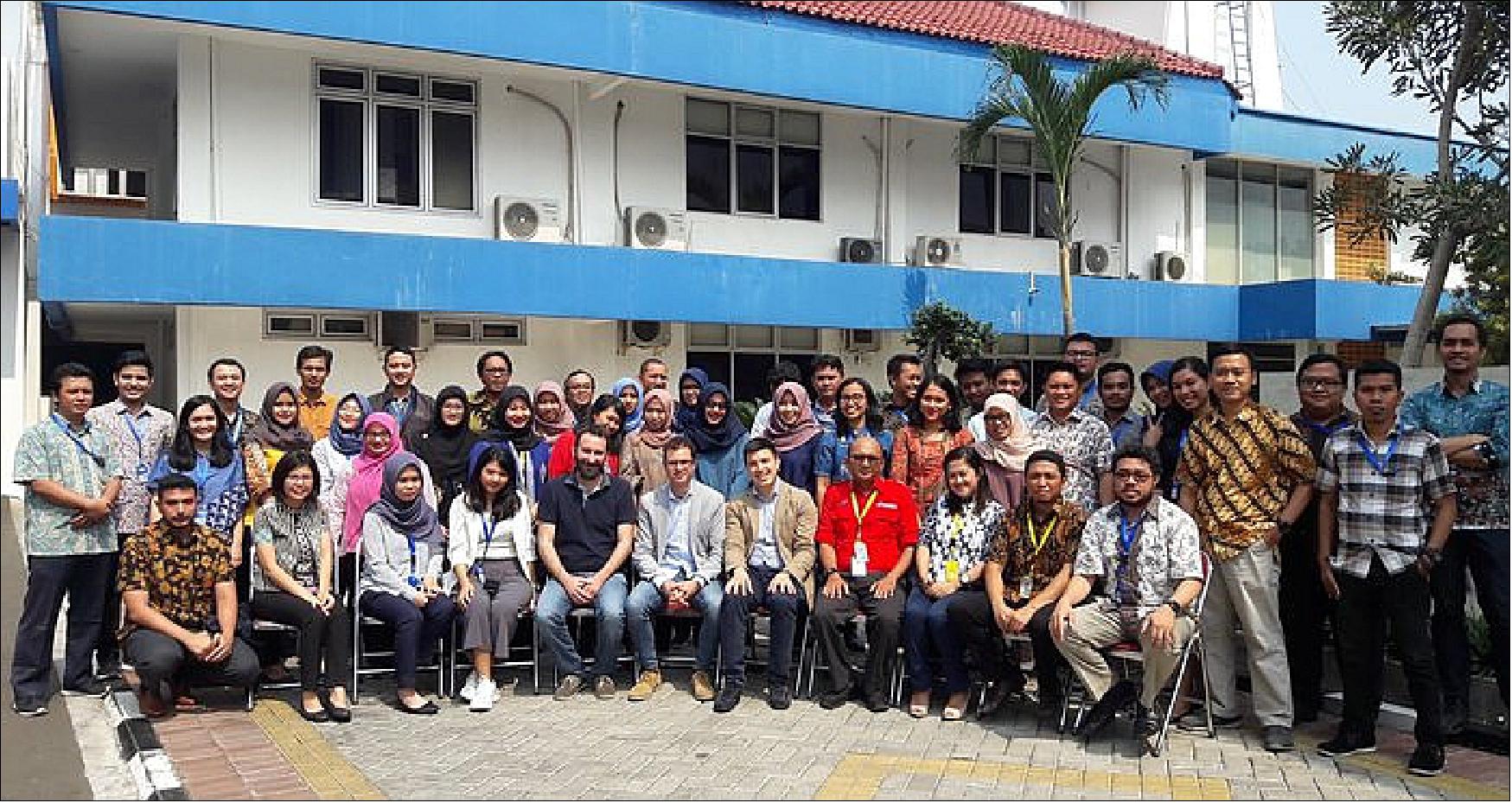 Figure 19: Learning about satellite data. Organized by the Asian Development Bank and the Indonesian National Institute of Aeronautics and Space, a week-long course was held in Jakarta to help authorities use satellite data to understand ground deformation following the earthquake and tsunami that hit the Indonesian island of Sulawesi in September 2018. The course was attended by more than 60 representatives from numerous Indonesian authorities. Experts from Indra, Planetek and BRGM explained the technical details and methodologies of using these satellite data products. Lecturers Michael Foumelis (BRGM), Alberto Lorenzo Alonso (Indra) and Vincenzo Massimi (Planetek) are sitting fifth, sixth and seventh from the left, respectively (image credit: LAPAN)