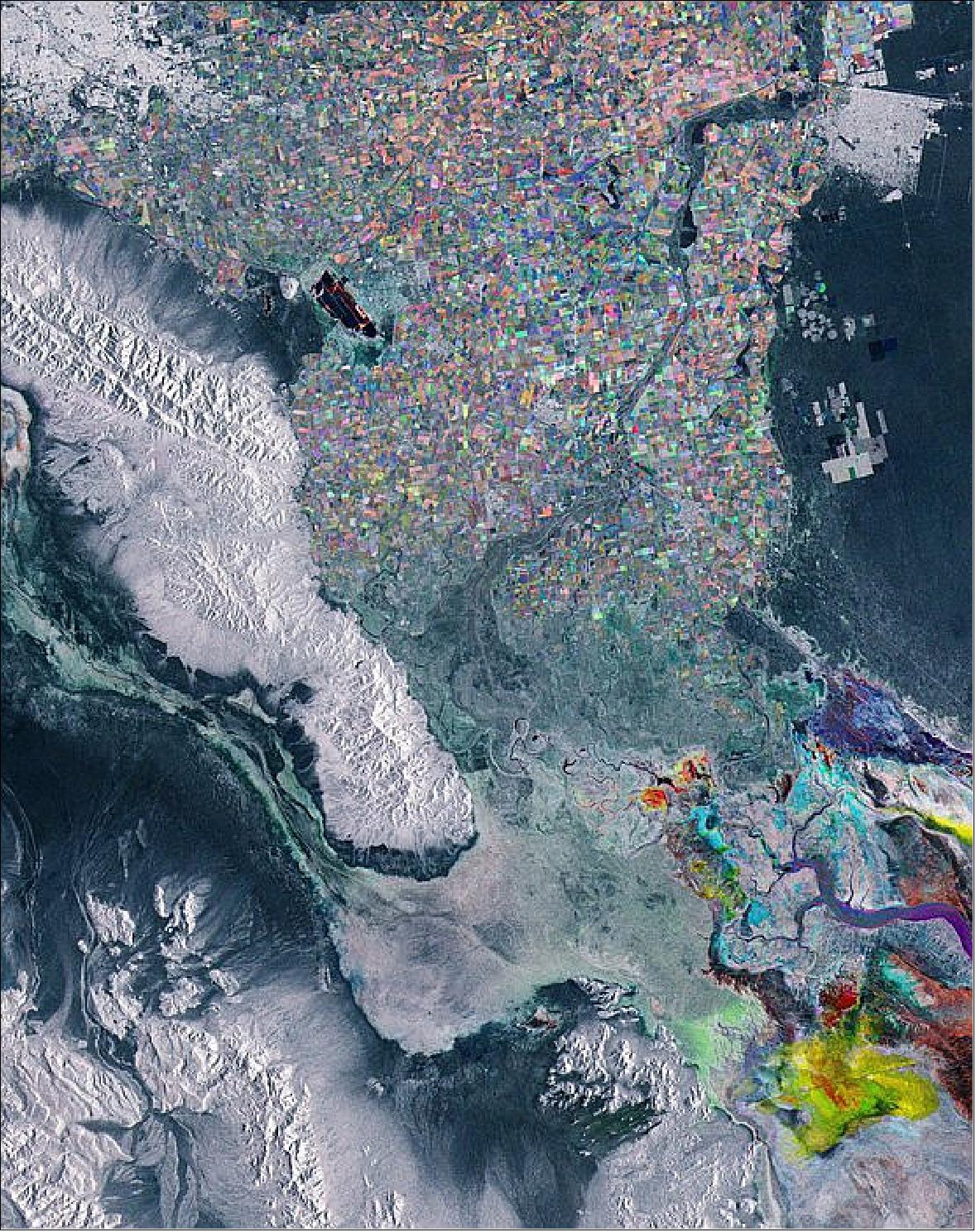 Figure 12: This Sentinel-1 false color image contains three separate images overlaid on top of each other. Captured on 30 April, 12 May and 17 June 2019, the different colors represent changes that occurred on the ground. This image is also featured on the Earth from Space video program (image credit: ESA, the image contains modified Copernicus Sentinel data (2019), processed by ESA)