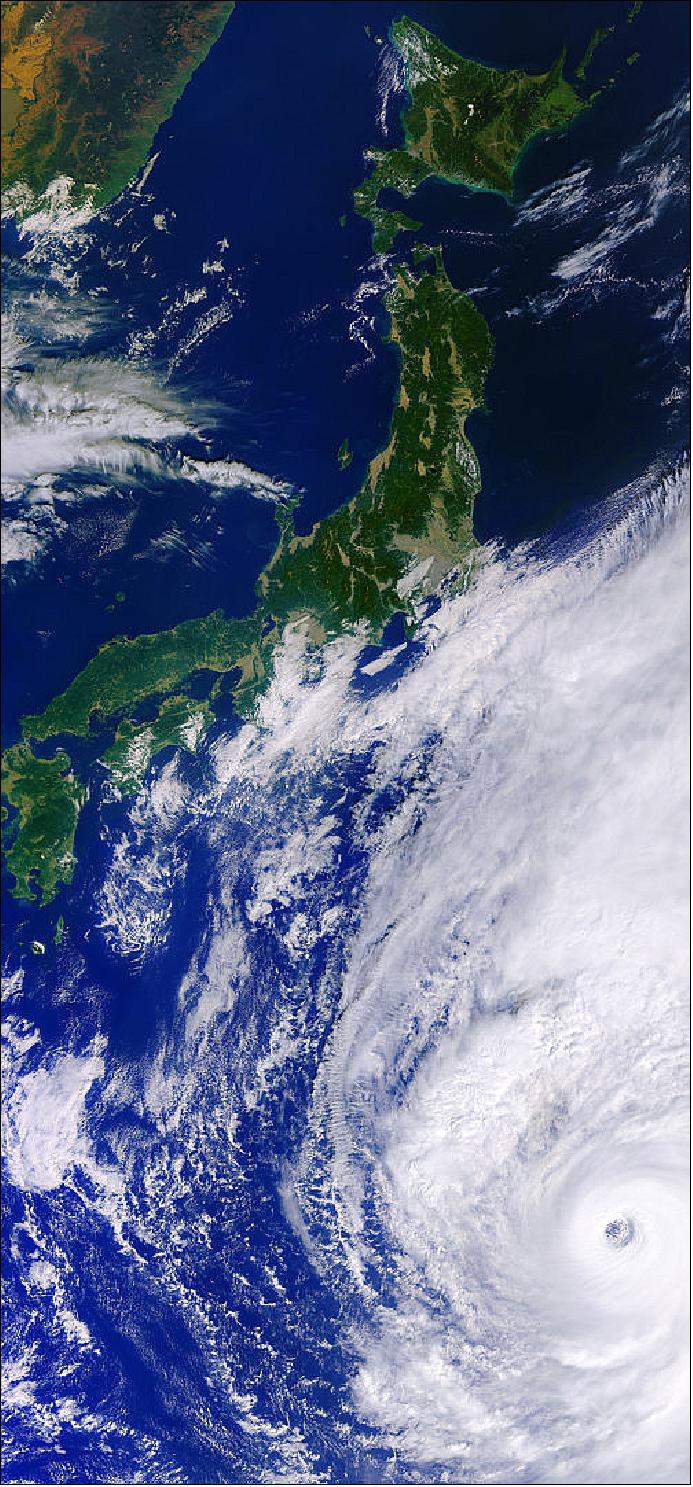 Figure 9: Copernicus Sentinel-3 image. Typhoon Hagibis is headed towards Japan’s main island of Honshu, where it is expected to make landfall over the weekend. Japan is bracing for potential damage from strong winds and torrential rain. This enormous typhoon, which is being compared to a Category 5 hurricane, can be seen in this image captured by the Copernicus Sentinel-3 mission on 10 October at 01:00 GMT (10:00 Japan Standard Time). The eye of the storm has a diameter of approximately 60 km (image credit: ESA, the image contains modified Copernicus Sentinel data (2019), processed by ESA, CC BY-SA 3.0 IGO)