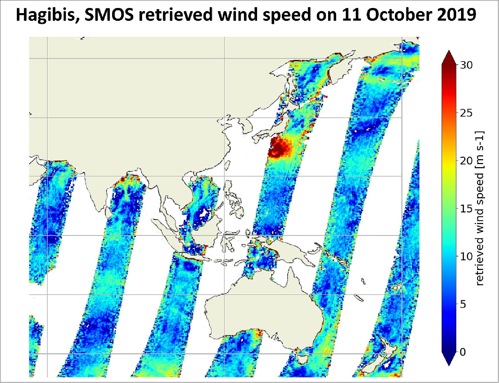 Figure 8: This image shows the ocean surface wind speed of Typhoon Hagibis and parts of the Pacific and Indian Ocean derived from SMOS brightness temperature measurements on 11 October. The wide area covered by SMOS allows for a synoptic view (image credit: ESA)
