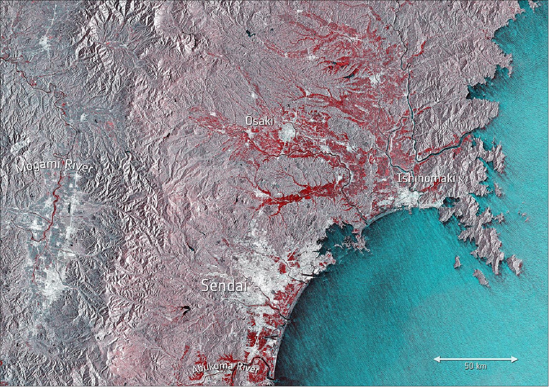 Figure 7: This image shows the extent of flooding on Japan’s main island of Honshu. Captured by the Copernicus Sentinel-1 mission, the image shows the floods in red around the cities of Sendai and Ishinomaki on 12 October (image credit: ESA, this image contains modified Copernicus Sentinel data (2019), processed by ESA, CC BY-SA 3.0 IGO)