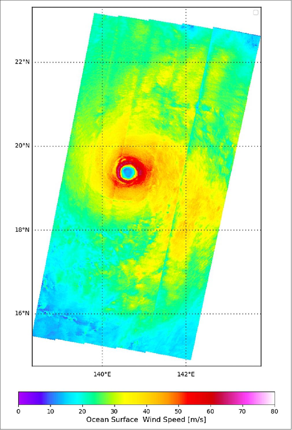 Figure 6: Hagibis -S1A, 8 October 2019 from 20:30:40 to 20:32:50 UTC: This image shows the ocean surface wind speed of Typhoon Hagibis derived from the Sentinel-1 radar measurements. The high resolution of Sentinel-1 provides an unprecedented detailed insight of the cyclone inner core structure, in particular the eye’s diameter, the radius of maximum winds and the maximum wind speed. In the case of Typhoon Hagibis, on 8 October the Sentinel-1 satellite measured the eye’s diameter at the sea surface as 20 km, the radius of maximum wind speed was 25 km and the maximum wind speed was greater than 60 m/s (image credit: ESA, the image contains modified Copernicus Sentinel data (2019)/Processed by IFREMER)
