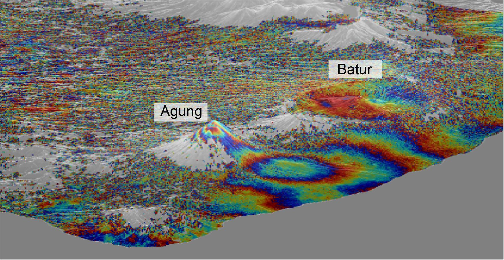 Figure 32: Copernicus Sentinel-1 InSAR data shows ground uplift on the flank of Mount Agung, which is on the island of Bali in Indonesia. The data show uplift between August and November 2017, prior to the eruption of Mount Agung on 27 November. The eruption was preceded by a wave of small earthquakes. A team led by Bristol University’s School of Earth Sciences in the UK used radar data from the Copernicus Sentinel-1 radar mission and the technique of InSAR to map ground motion, which may indicate that fresh magma is moving beneath the volcano. Their research provides the first geophysical evidence that Agung and the neighboring Batur volcano may have a connected plumbing system (image credit: ESA, the image contains modified Copernicus Sentinel data (2017), processed by University of Bristol/COMET)