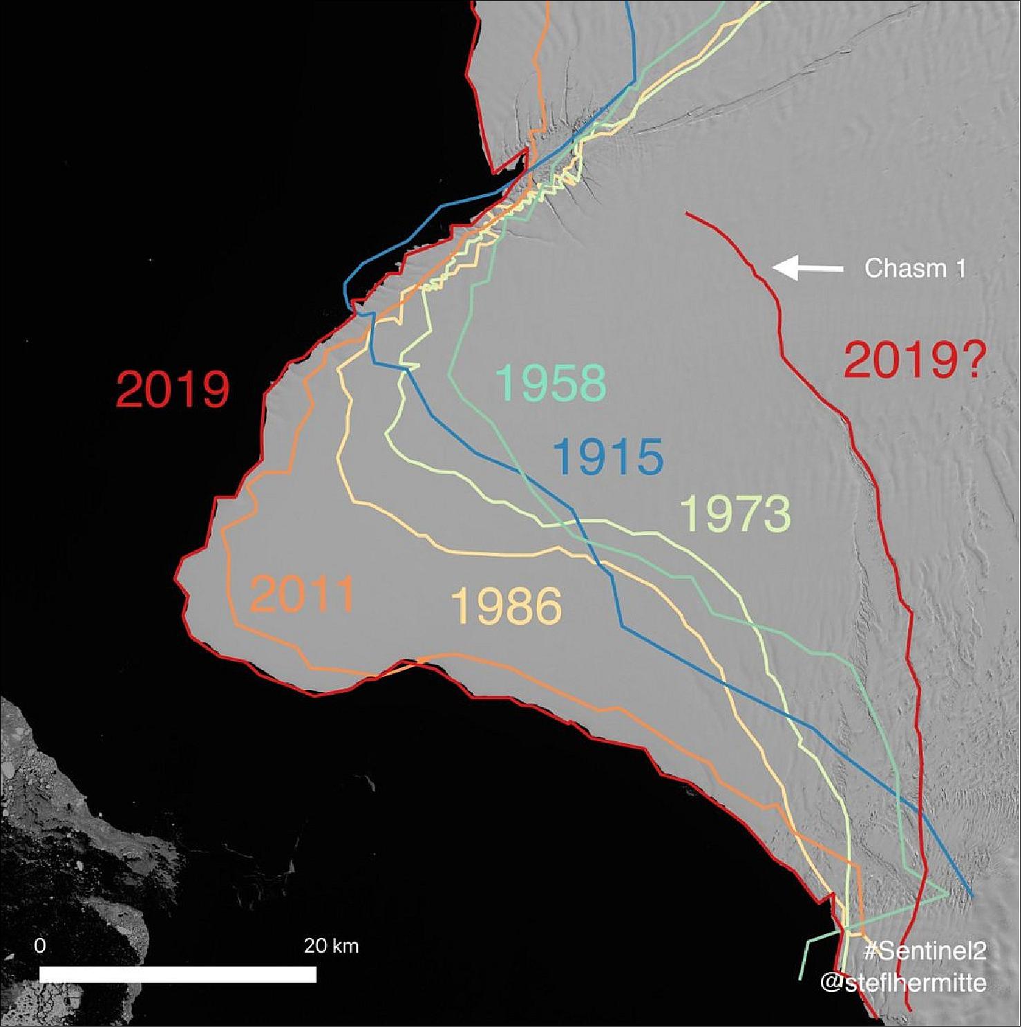 Figure 30: Changing locations of Brunt calving. A comparison of the Brunt ice shelf calving front locations over the last 100 years, based on 1915 and 1958 historical survey data from the Endurance expedition (Worsley 1921) and the International Geophysical Year, respectively, followed by the location in satellite images from Landsat in 1973 and 1978, ESA’s, Envisat in 2011, and Copernicus Sentinel-1 in 2019. A comparison of the images indicates that the Brunt ice shelf is at its maximum 20th Century extent (image credit: ESA, the image contains modified Copernicus Sentinel-2 data (2019), courtesy Stef l'Hermitte TU Delft)