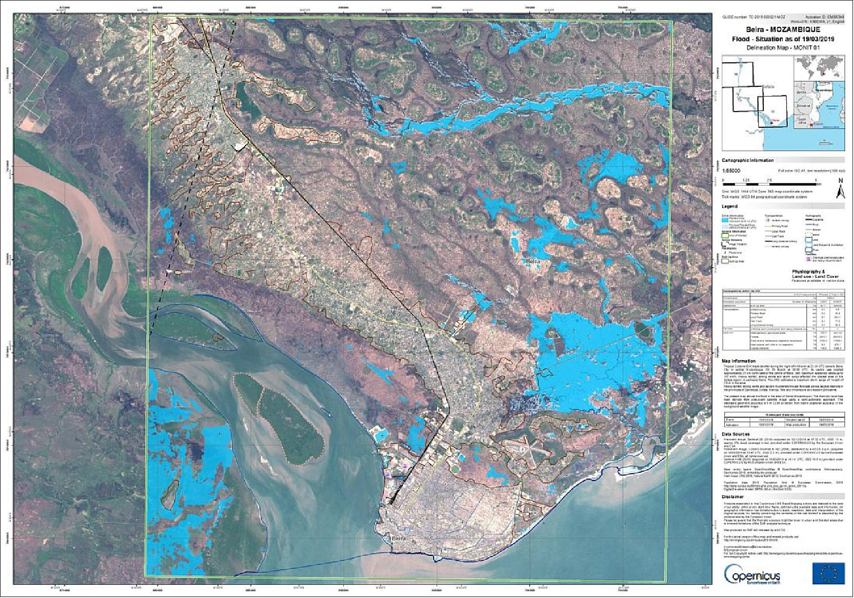 Figure 27: Tropical Cyclone Idai made landfall on 14 March 2019 close to the port city of Beira in Mozambique. This map, which was generated through the Copernicus Emergency Management Service, uses information from the EC’s Copernicus Sentinel-1 mission on 19 March (bright blue), and Italy’s Cosmo-SkyMed satellite on 16 March (light blue) to map the floods to aid relief efforts. More maps of floods caused by Cyclone Idai are available at the Copernicus Emergency Management Service website (image credit: ESA, the image contains modified Copernicus Sentinel data (2019), Cosmo-SkyMed, processed by GAF AG/e-GEOS/CMEMS)