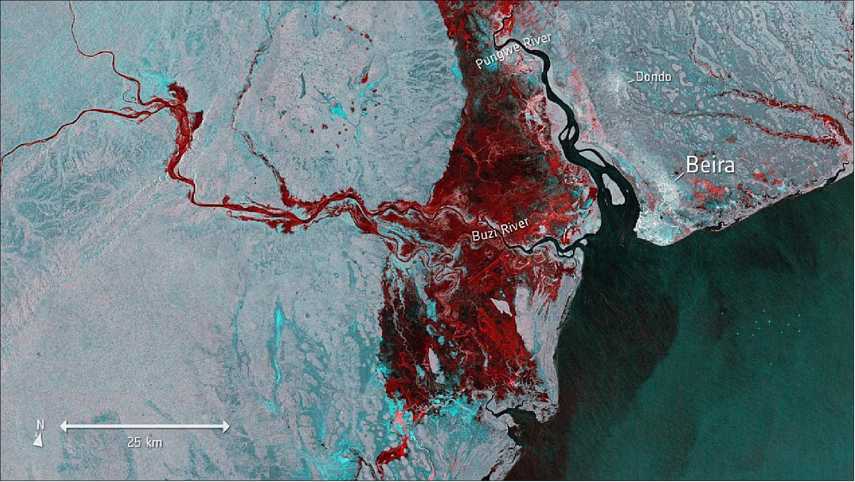Figure 25: Millions of people in Mozambique, Malawi and Zimbabwe are struggling to cope with the aftermath of what could be the southern hemisphere’s worst storm: Cyclone Idai. This image is from Copernicus Sentinel-1 and shows the extent of flooding, depicted in red, around the port town of Beira in Mozambique on 19 March. This mission is also supplying imagery through the Copernicus Emergency Mapping Service to aid relief efforts (image credit: ESA, the image contains modified Copernicus Sentinel data (2019), processed by ESA, CC BY-SA 3.0 IGO)
