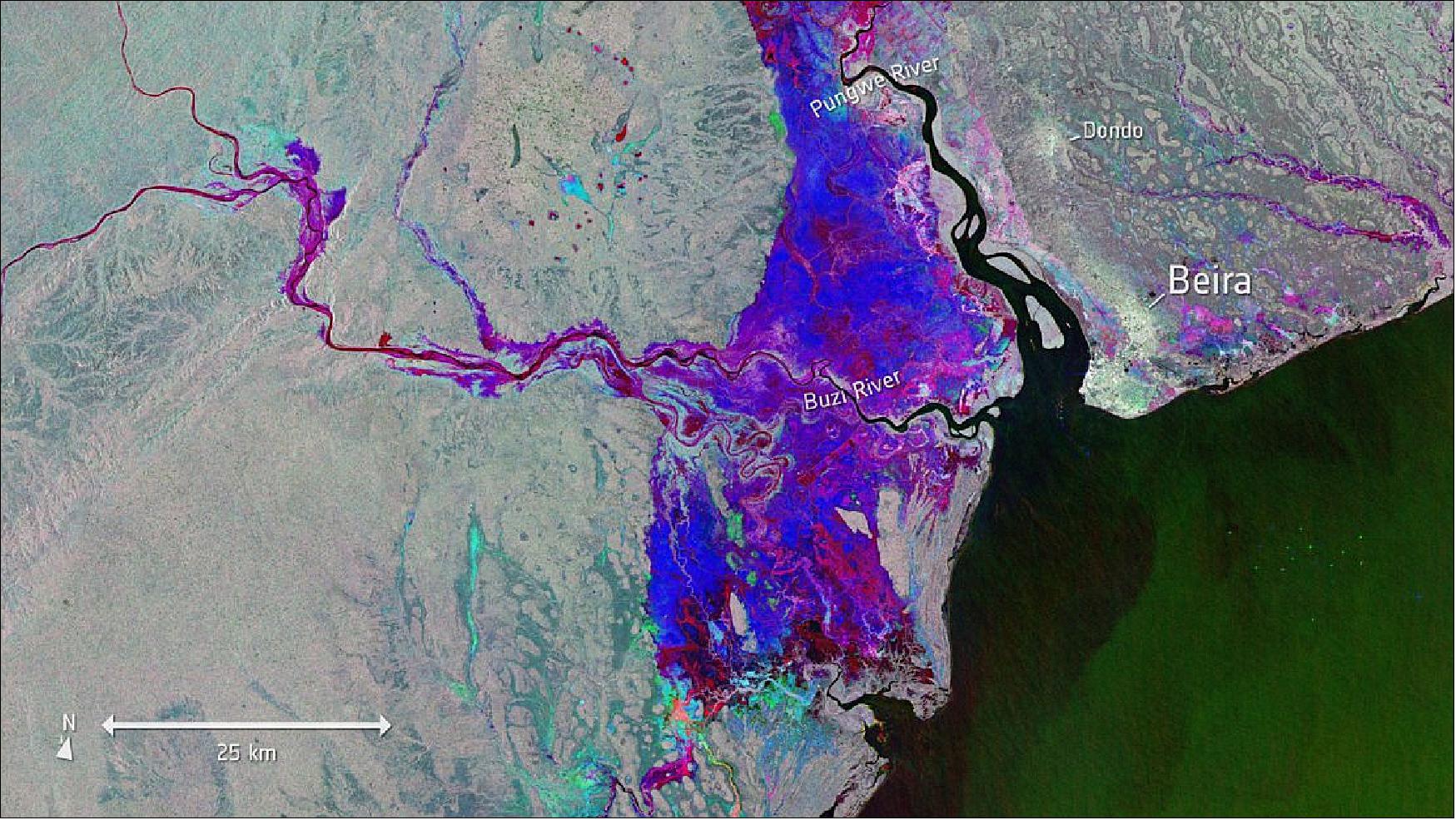 Figure 23: This Copernicus Sentinel-1 image indicates where the flood waters are finally beginning to recede west of the port city of Beira in Mozambique. The image merges three separate satellite radar images from before the storm on 13 March, from one of the days when the floods were at their worst on 19 March, and as the waters are beginning to drain away on 25 March. The blue-purple color indicates where floodwater is receding, while areas shown in red are still underwater (image credit: ESA, the image contains modified Copernicus Sentinel data (2019), processed by ESA, CC BY-SA 3.0 IGO)