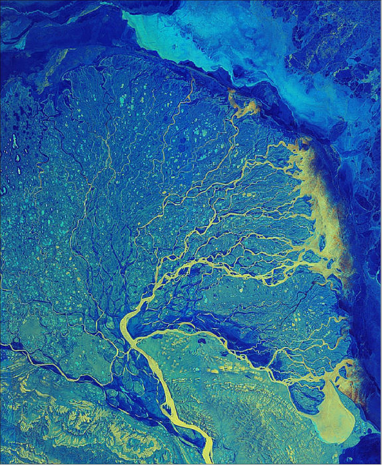 Figure 20: This false-color image was captured on 14 January 2019, the peak of the Arctic winter, and shows a large amount of ice in the waters surrounding the delta. Cracks can be seen in the turquoise-colored ice at the top of the image, and several icebergs can also be seen floating in the Arctic waters to the right. Snow can also be seen in yellow on the mountains at the bottom of the image. This image is also featured in this week's edition of the Earth from Space program (image credit: ESA, the image contains modified Copernicus Sentinel data (2019), processed by ESA, CC BY-SA 3.0 IGO)