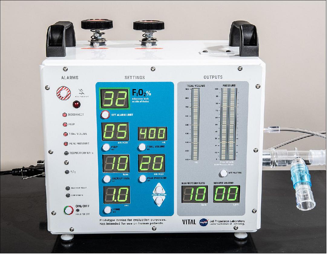 Figure 1: A front-facing portrait of VITAL (Ventilator Intervention Technology Accessible Locally), a ventilator designed and built by NASA's Jet Propulsion Laboratory in Southern California (image credit: NASA/JPL-Caltech)