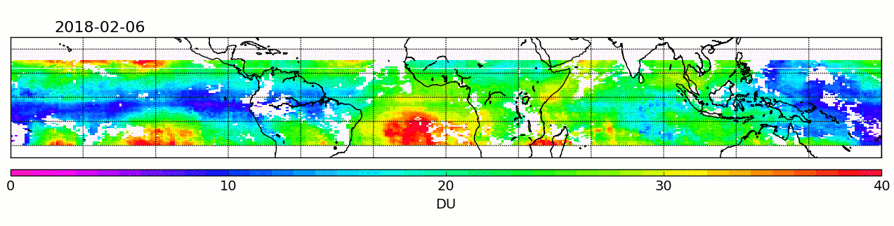 Figure 21: Tropospheric ozone between January 2018 and January 2019 measured by the Copernicus Sentinel-5P mission. Ozone lower down in the atmosphere – in the troposphere – is an air pollutant and a greenhouse gas contributing to global warming. It is difficult to measure because of its short lifespan and because concentrations can vary hugely from place to place. The unprecedented spatial resolution offered by Copernicus Sentinel-5P’s Tropomi instrument means that the complex relationship between tropospheric ozone and climate can be better understood (image credit: ESA, the image contains modified Copernicus data (2018–19), processed by DLR)