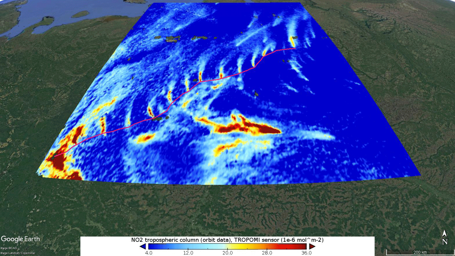 Figure 10: Nitrogen dioxide over Siberian pipelines. Measurements gathered by the Copernicus Sentinel-5P mission between April and July 2018 show nitrogen dioxide emissions over the Urengoy–Pomary–Uzhhorod pipeline. The data has been overlaid onto a Google Earth image. The red line is for visualization purposes only (image credit: ESA, the image contains modified Copernicus Sentinel data (2018), processed by KNMI. Overlying image from Google Earth)