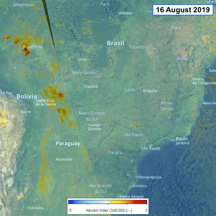 Figure 8: The animation shows aerosols over Brazil. When breathed in, these small particles can lead to cardiovascular conditions and lung problems. Aerosols also affect the climate by scattering and absorbing of incoming sunlight and trapping of outgoing long-wave radiation – and hence warming the planet. On 19–20 August the smoke from fires got so bad that the day appeared to be turned into night as São Paulo was plunged into darkness (image credit: ESA, the image contains modified Copernicus data (2019), processed by KNMI)