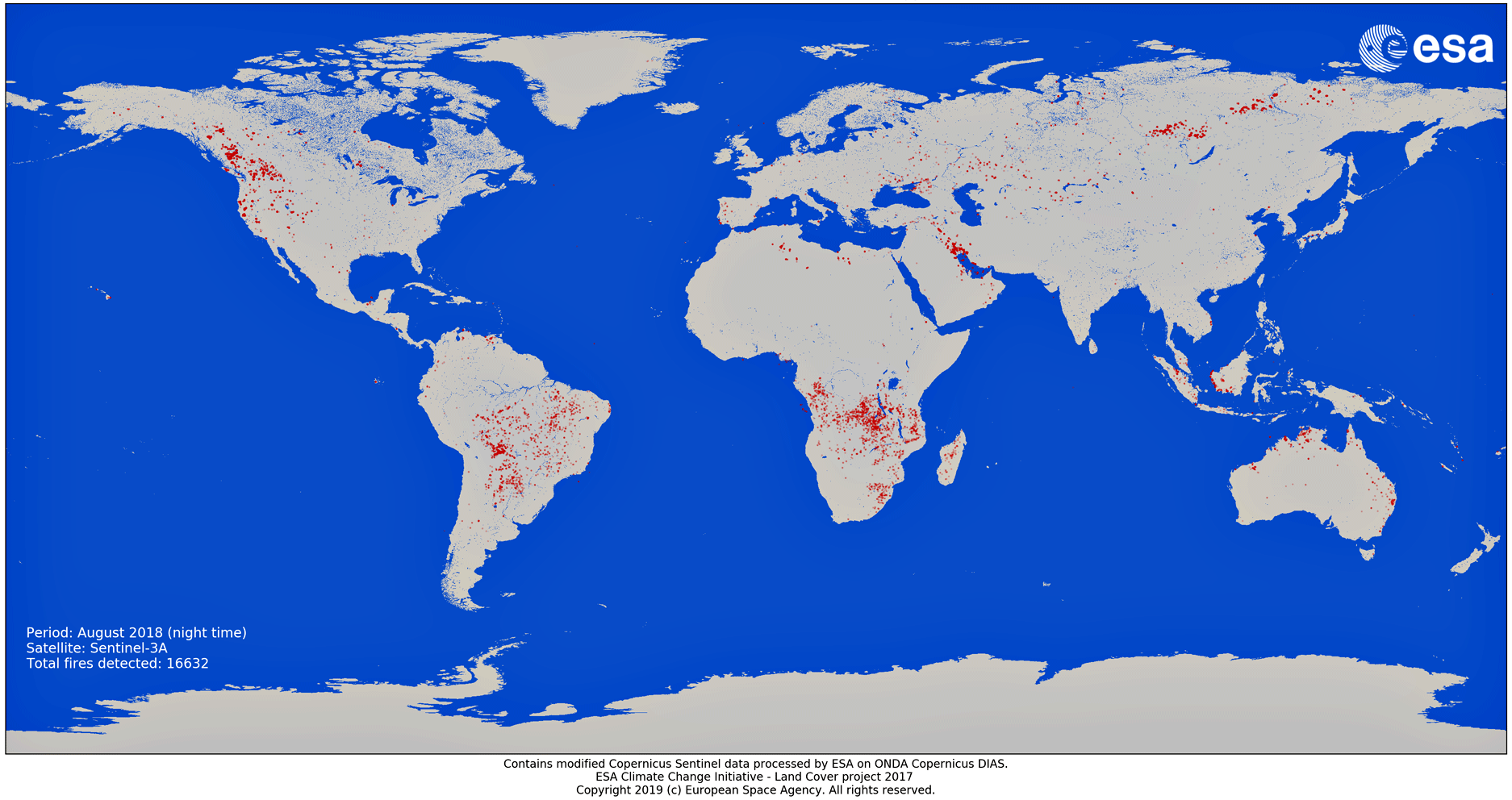 Figure 9: Using Copernicus Sentinel-3 data, as part of the Sentinel-3 World Fires Atlas, the image shows that 79,000 fires were detected at night around the world in the month of August 2019 compared to 16,632 fires in August 2018 (image credit: ESA, the image contains modified Copernicus Sentinel data (2019), processed by ESA on ONDA Copernicus DIAS)
