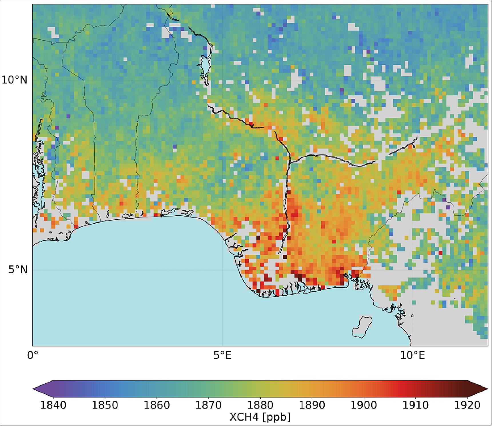 Figure 20: Atmospheric methane mapped by the Copernicus Sentinel-5P mission over wetlands in Nigeria between November 2018 and February 2019. Methane is a potent greenhouse gas that enters the atmosphere mainly from the fossil fuel industry, landfill sites, livestock farming, rice agriculture and wetlands. Thanks to the mission’s spatial resolution of 7 x 7 km and global coverage every 24 hours, methane emissions can be mapped on regional scales and also for larger point sources. These data are now available to the user community (image credit: ESA, the image contains modified Copernicus data (2018–19), processed by SRON)