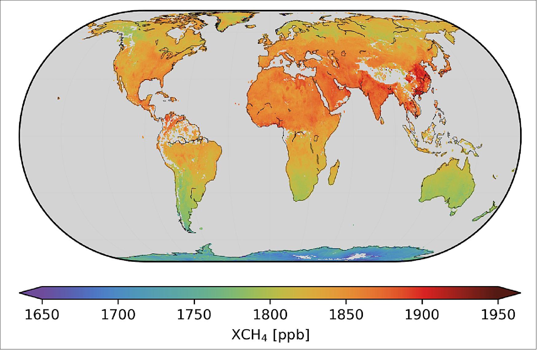 Figure 19: Atmospheric methane mapped by the Copernicus Sentinel-5P mission. Methane is a potent greenhouse gas that enters the atmosphere mainly from the fossil fuel industry, landfill sites, livestock farming, rice agriculture and wetlands. Thanks to the mission’s spatial resolution of 7 x 7 km and global coverage every 24 hours, methane emissions can be mapped on regional scales and also for larger point sources. These data are now available to the user community (image credit:ESA, the image contains modified Copernicus data (2018–19), processed by SRON)