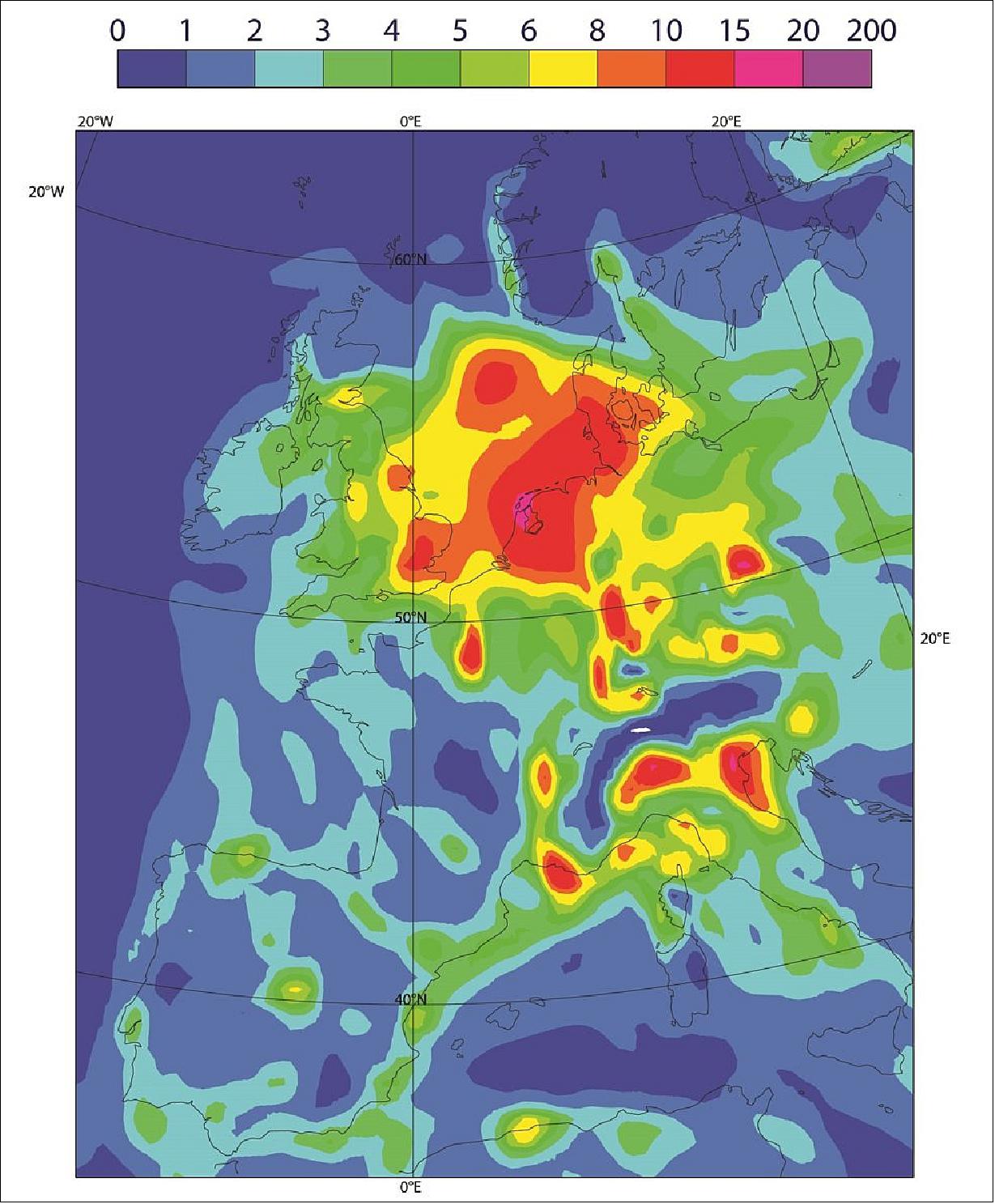 Figure 18: Tropospheric column nitrogen dioxide over Europe: Tropospheric nitrogen dioxide column (in 1015 mole/cm2) over Europe on 27 February 2019 at 12:00 from CAMS, assimilating Copernicus Sentinel-5P TROPOMI measurements for testing (image credit: ESA, the image contains modified Copernicus data (2018), processed by ECMWF)