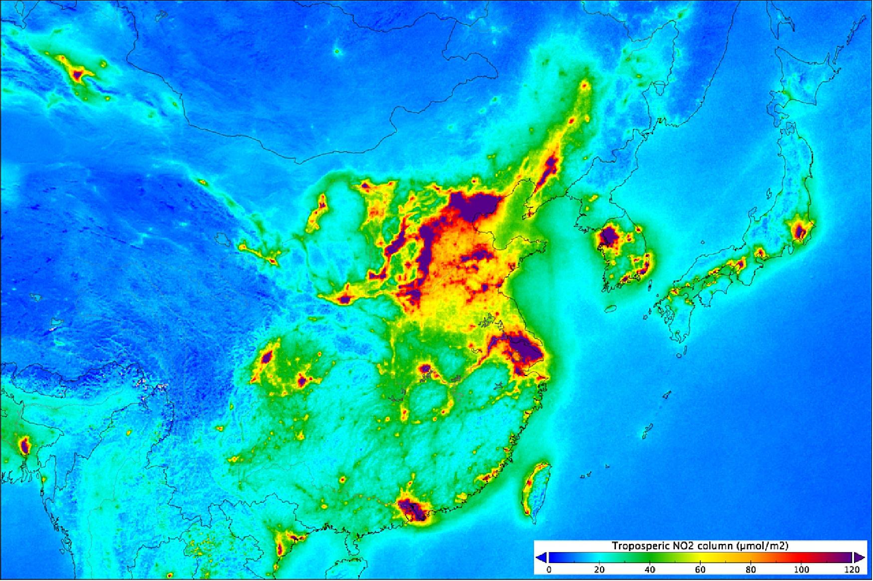 Figure 17: Nitrogen dioxide levels over China and Japan: Based on measurements gathered by the Copernicus Sentinel-5P mission between April and September 2018, the image shows high levels of nitrogen dioxide emissions in China and Japan. Nitrogen dioxide pollutes the air mainly as a result of traffic and the combustion of fossil fuel in industrial processes. It has a significant impact on human health, contributing in particular to respiratory problems (image credit: ESA, the image contains modified Copernicus data (2018), processed by KNMI)