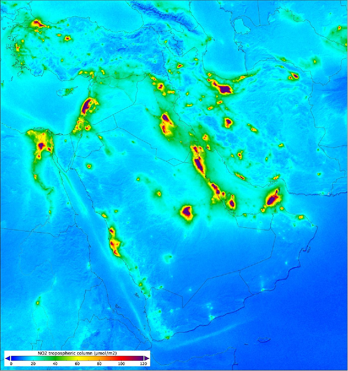 Figure 16: Nitrogen dioxide levels over the Middle East: Based on measurements gathered by the Copernicus Sentinel-5P mission between April and September 2018, the image shows high levels of nitrogen dioxide in Cairo, Lebanon, Dubai and other parts of the Middle East. Nitrogen dioxide pollutes the air mainly as a result of traffic and the combustion of fossil fuel in industrial processes. It has a significant impact on human health, contributing particularly to respiratory problems (image credit: ESA, the image contains modified Copernicus data (2018), processed by KNMI)