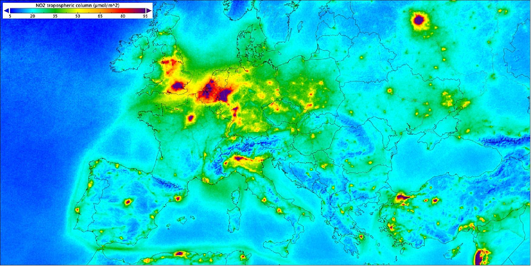 Figure 15: Nitrogen dioxide over Europe: Based on measurements gathered by the Copernicus Sentinel-5P mission between April and September 2018, the image shows high levels of nitrogen dioxide in London, Paris, Brussels, western Germany, Milan and Moscow. Nitrogen dioxide pollutes the air mainly as a result of traffic and the combustion of fossil fuel in industrial processes. It has a significant impact on human health, contributing particularly to respiratory problems (image credit: ESA, the image contains modified Copernicus data (2018), processed by KNMI)