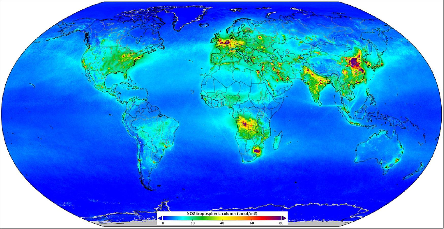 Figure 14: Nitrogen dioxide worldwide: Measurements gathered by the Copernicus Sentinel-5P mission between April and September 2018 have been averaged to reveal nitrogen dioxide in the atmosphere. The data were averaged and gridded on a regular latitude-longitude grid of about 2 x 2 km. Nitrogen dioxide pollutes the air mainly as a result of traffic and the combustion of fossil fuel in industrial processes. It has a significant impact on human health, contributing particularly to respiratory problems (image credit: ESA, the image contains modified Copernicus data (2018), processed by KNMI)