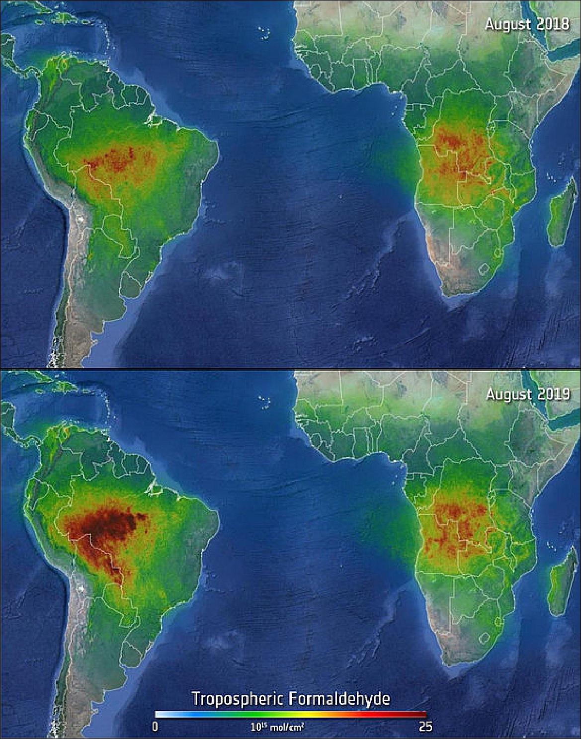 Figure 7: Using data from the Copernicus Sentinel-5P mission, the image shows how much formaldehyde was released from wildfires in Brazil in August 2019 compared to August 2018. The image also features Africa, which and has also experienced fires. Formaldehyde is an important intermediate gas in the oxidation of methane and other hydrocarbons. While it is short-lived in the atmosphere, it reacts chemically to become a major source of carbon monoxide – another harmful pollutant (image credit: ESA, the image contains modified Copernicus data (2018/2019), processed by BIRA-IASB)