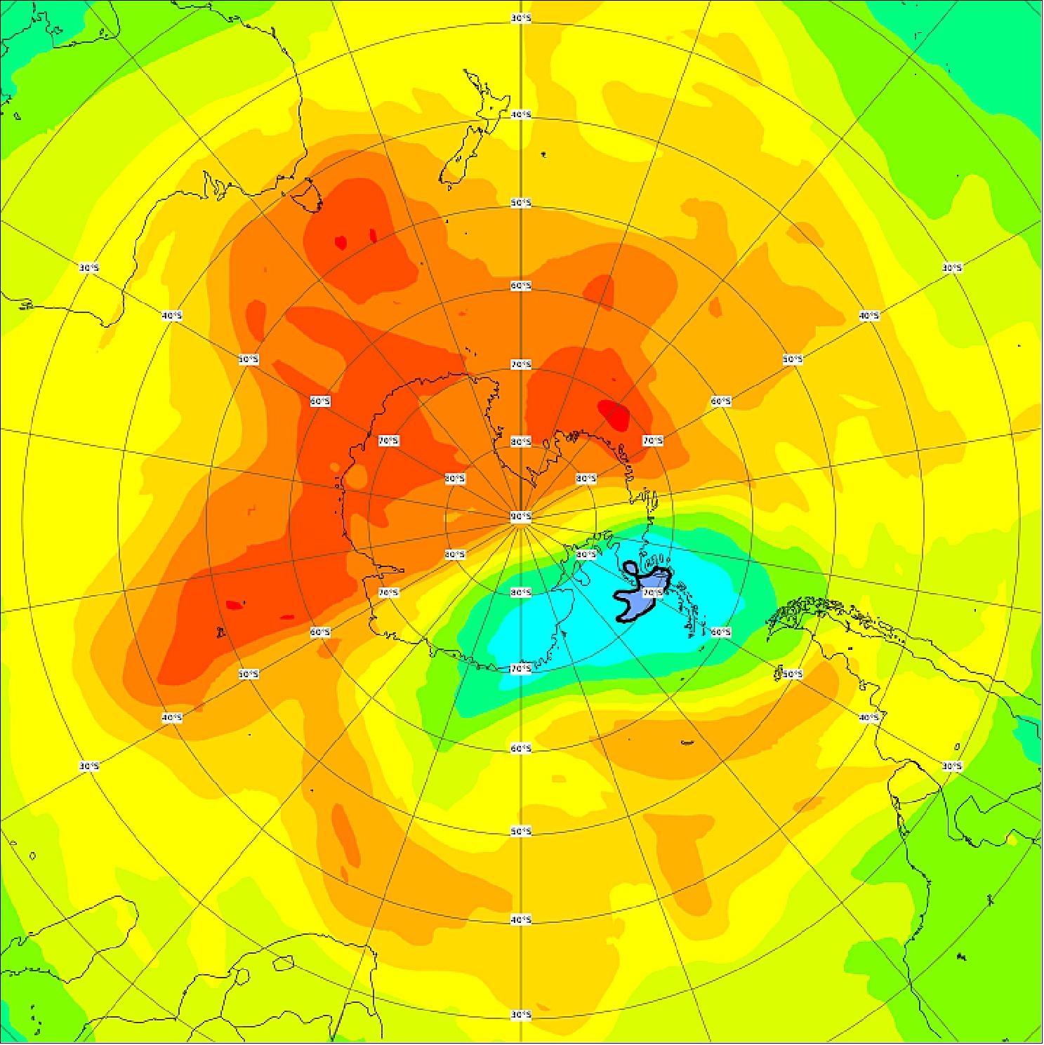 Figure 3: The ozone forecast charts are produced on a daily basis and show predictions for total vertical ozone column values for the Antarctic region up to five days ahead. This map is centered on the Antarctic region. Areas colored yellow, orange and red depict a high concentration of ozone, whereas green and blue areas are ozone depleted (image credit: ECMWF/CAMS)