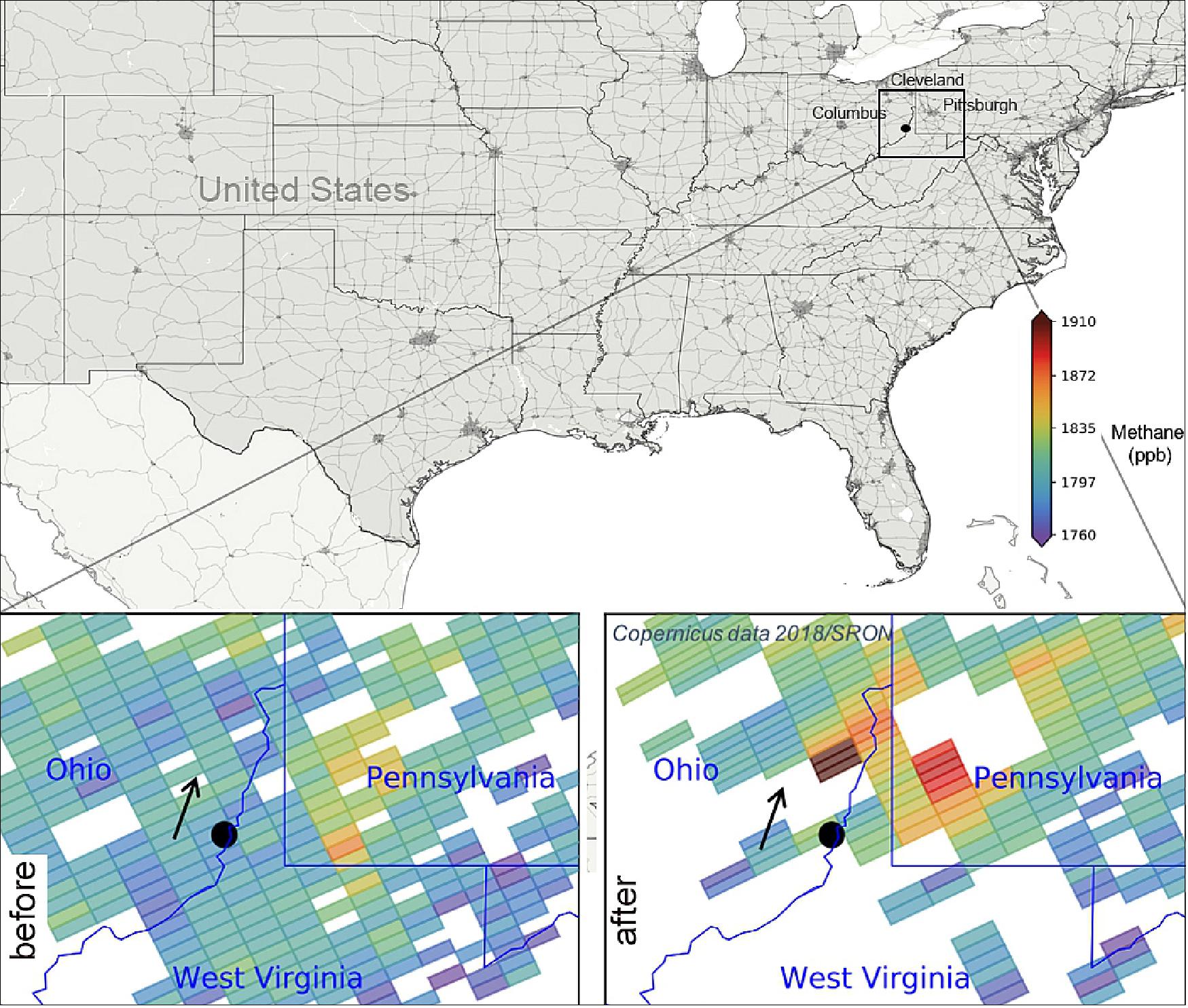 Figure 1: The location of the explosion is marked by a black dot in the image, and shows the methane emissions before and after the blowout. The black arrow indicates the wind direction and the direction of the methane plume (image credit: ESA, the image contains modified Copernicus Sentinel data (2018), processed by SRON)
