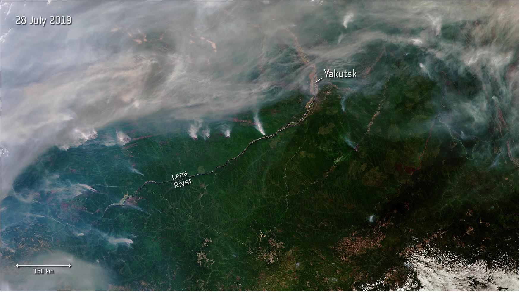 Figure 11: This Copernicus Sentinel-3 image shows a number of fires, producing plumes of smoke. The smoke has carried air pollution into the Kemerovo, Tomsk, Novosibirsk, and Altai regions (image credit: ESA, the image contains modified Copernicus Sentinel data (2019), processed by ESA, CC BY-SA 3.0 IGO)