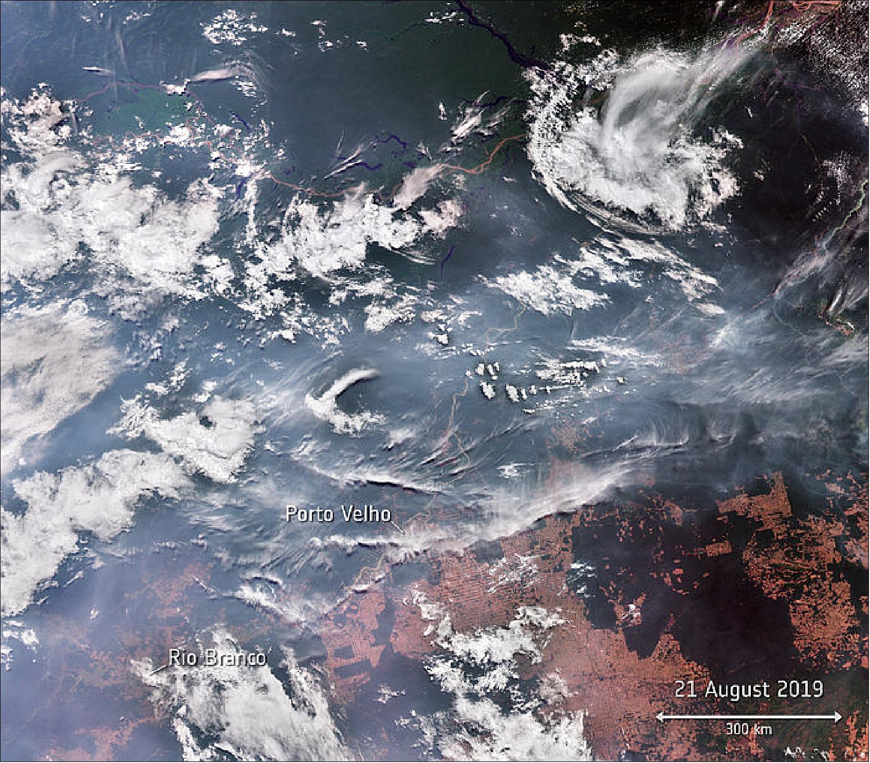 Figure 9: Wildfires in Brazil from Copernicus Sentinel-3. An unprecedented amount of fires have broken out in Brazil’s Amazon rainforest. In this image, captured on 21 August 2019, the fires and plumes of smoke can clearly be seen (image credit: ESA, the image contains modified Copernicus Sentinel data (2019), processed by ESA, CC BY-SA 3.0 IGO)