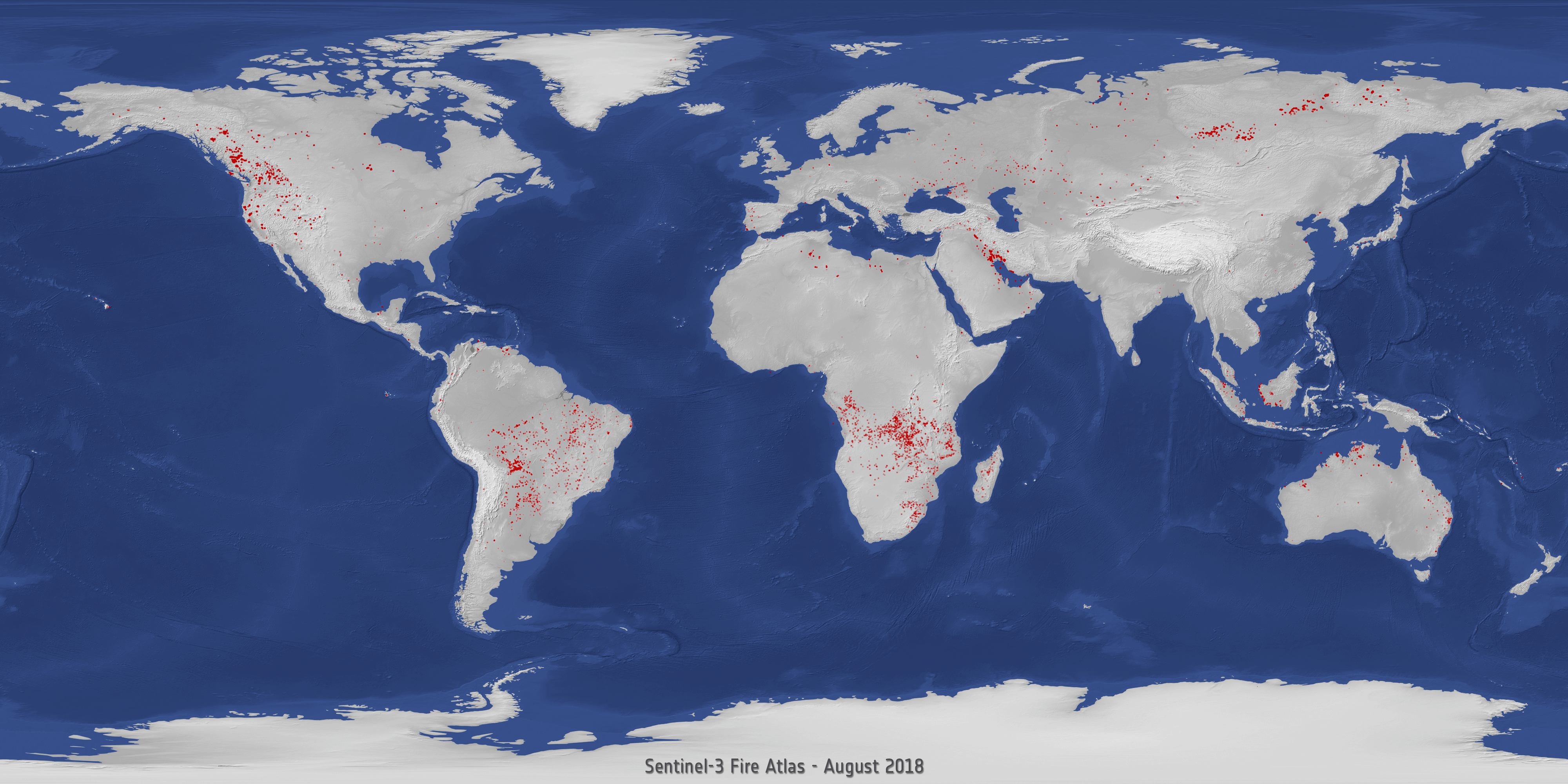 Figure 2: Fires around the world. Global fires detected in August 2018 compared to August 2019. The Sentinel-3 World Fire Atlas recorded 79,000 wildfires in August 2019, compared to just over 16,000 fires during the same period in 2018 (image credit: ESA, the image contains modified Copernicus Sentinel data (2019), processed by ESA on ONDA Copernicus DIAS)