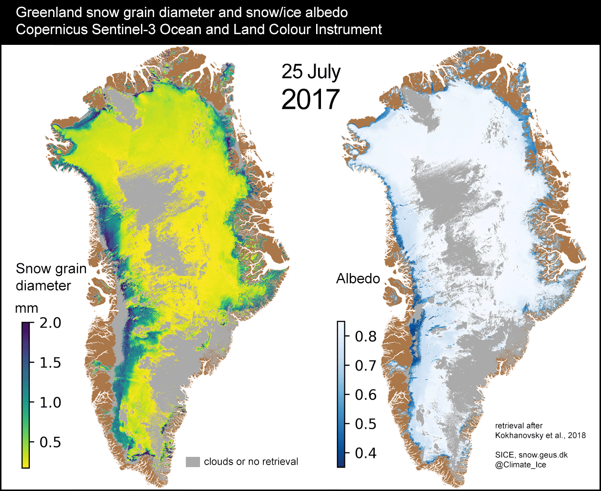 Figure 15: Greenland snow grain and albedo. A sequence of snow grain size and albedo from the Copernicus Sentinel-3 satellites' OLCI (Ocean Land and Color Instruments). The animation illustrates a view through clear skies to the surface of the Greenland ice sheet where warming causes snow grain growth and reduced albedo. The darkest albedo areas are where snow melt gives way to bare glacier ice that melts even faster than snow cover, highlighting the fact that snow and ice are sensitive responders to weather and climate (image credit: GEUS–J. Box/ESA)