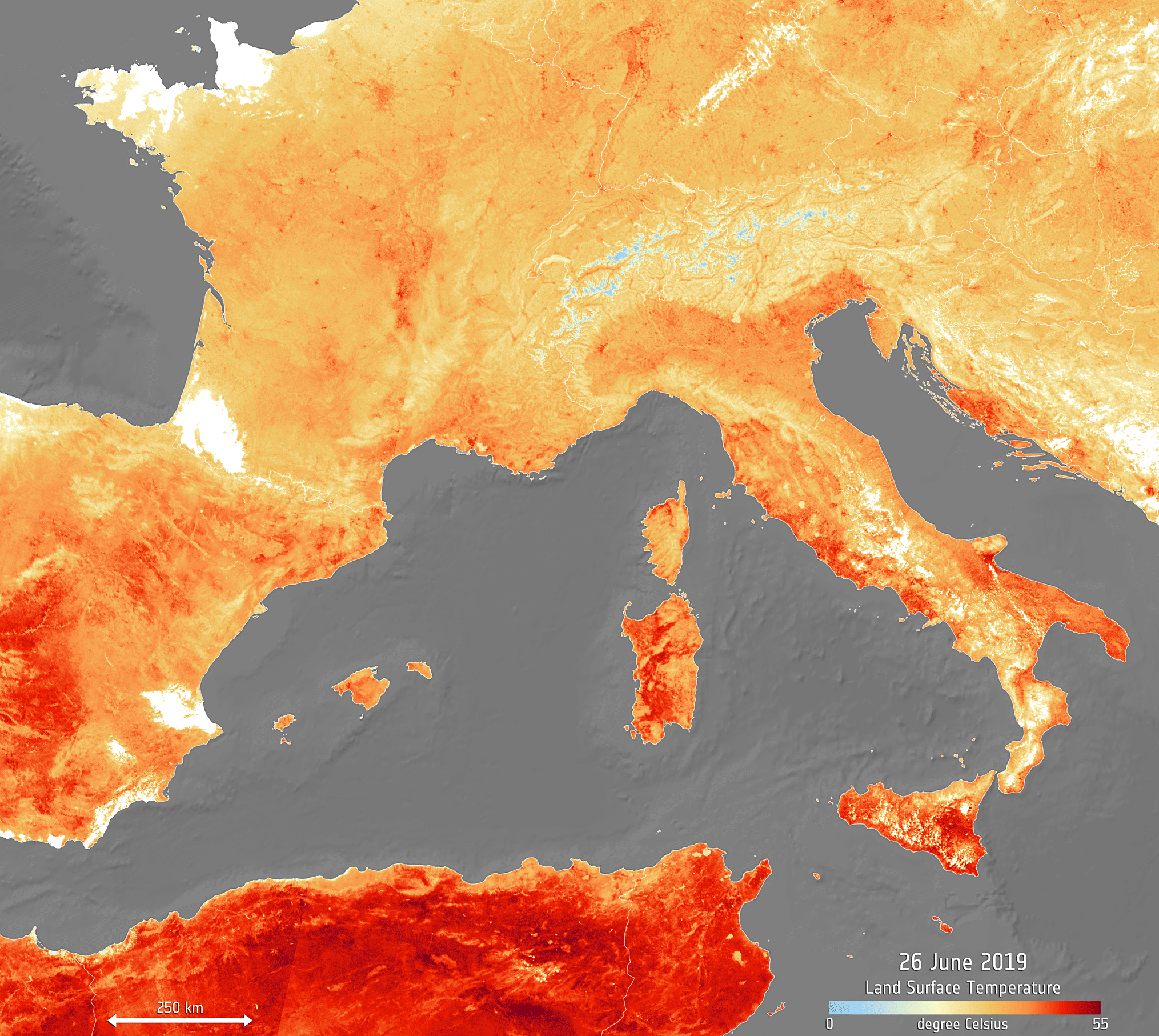 Figure 12: This animation of two images shows the land surface temperature from today 25 July, compared to data recorded during the previous heatwave on 26 June 2019 (image credit: ESA, the image contains modified Copernicus Sentinel data (2019), processed by ESA, CC BY-SA 3.0 IGO)