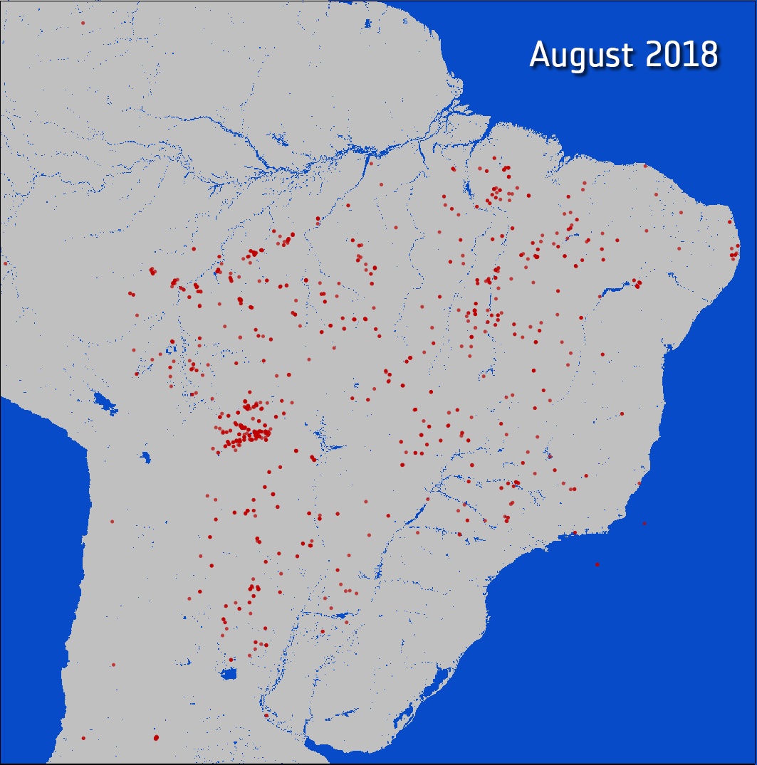Figure 8: Number of wildfires in the Amazon. Using Copernicus Sentinel-3 data, as part of the Sentinel-3 World Fires Atlas, 3951 fires were detected at night from 1 August to 24 August 2019, compared to 1110 fires detected in 2018 during the same period (image credit: ESA, the image contains modified Copernicus Sentinel data (2019), processed by ESA on ONDA Copernicus DIAS)