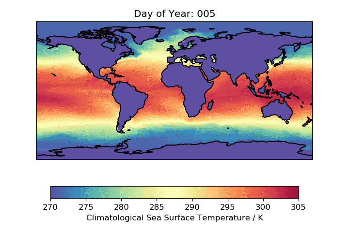 Figure 7: Global sea-surface temperature through the course of a typical year. The satellite record spans 37 years (image credit: ESA Climate Change Initiative)
