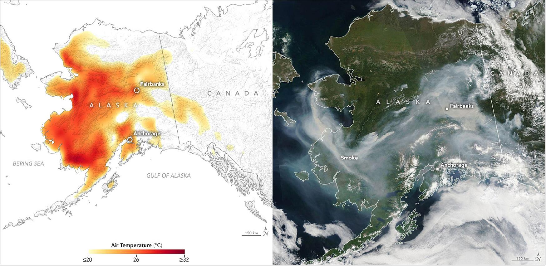Figure 18: In June and early July 2019, a heat wave in Alaska broke temperature records, as seen in this July 8 air temperature map (left). The corresponding image from the Moderate Resolution Imaging Spectroradiometer (MODIS) instrument on the Aqua satellite on the right shows smoke from lightening-triggered wildfires (image credit: NASA Earth Observatory)