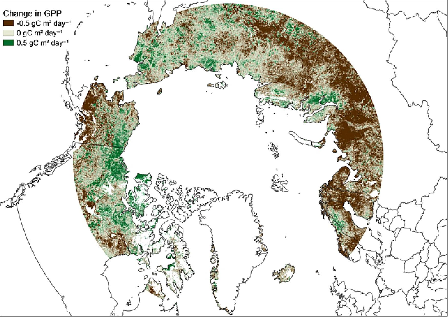 Figure 15: Changing Arctic productivity. In parts of the Arctic tundra, temperatures are increasing rapidly as a result of climate change. This has resulted in complex changes in plant communities, with satellite data showing that some parts of the Arctic are ‘greening’ whilst other areas are said to be ‘browning’. Using the Earth System Data Lab, scientists are looking at components such as rock or soil types to understand changes in plant productivity in the Arctic, beyond just temperature. The image shows changes in mean maximum gross primary productivity across five years between 2001–2005 and 2011–2015 at high latitudes (>60°N). Notable changes in gross primary productivity are evident including large increases in northern Canada, and decreases in parts of Alaska and Siberia, highlighting the heterogeneous pattern of productivity change over time (image credit: ESA, derived from FLUXCOM land–atmosphere energy fluxes, hosted on the Earth System Data Lab)