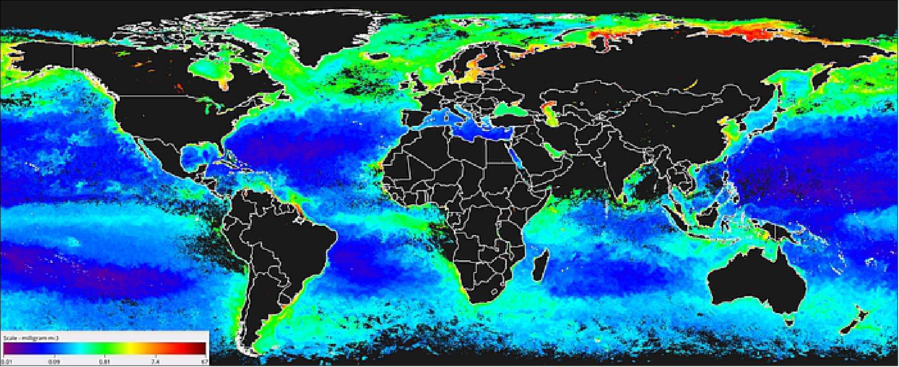 Figure 14: Neural networks help map ocean color. Neural networks are used to take account of cloud cover by the ESA Climate Change Initiative Ocean Color project when generating global monthly composite maps of chlorophyll concentrations. This map shows concentrations for August 2018 (image credit: CCI/Ocean Color project)