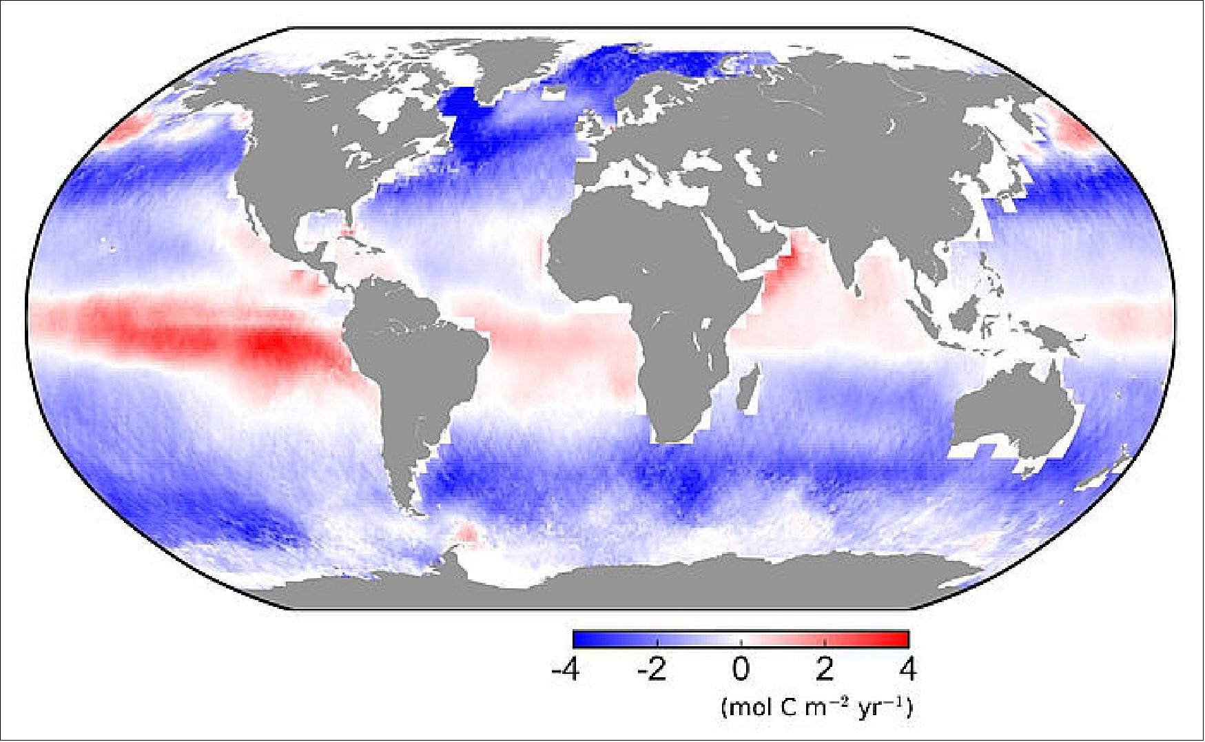 Figure 13: Carbon dioxide flow between atmosphere and ocean. Carbon dioxide continually flows into (blue) and out (red) of the ocean. The oceans store carbon for thousands of years, so most of the carbon dioxide coming out of the ocean within the equatorial pacific was previously in the atmosphere before the time of the industrial revolution (image credit: University of Exeter College of Life and Environmental Sciences)