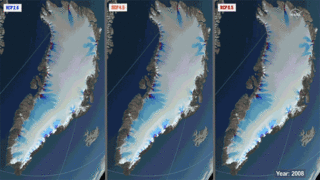 Figure 20: The researchers ran their model 1500 times, testing a variety of land, ice, ocean and atmospheric variables to see how they affected ice melt rate - including three possible future climate scenarios (from left to right: low, medium, and high emissions out to the year 2300), image credit: NASA / Cindy Starr