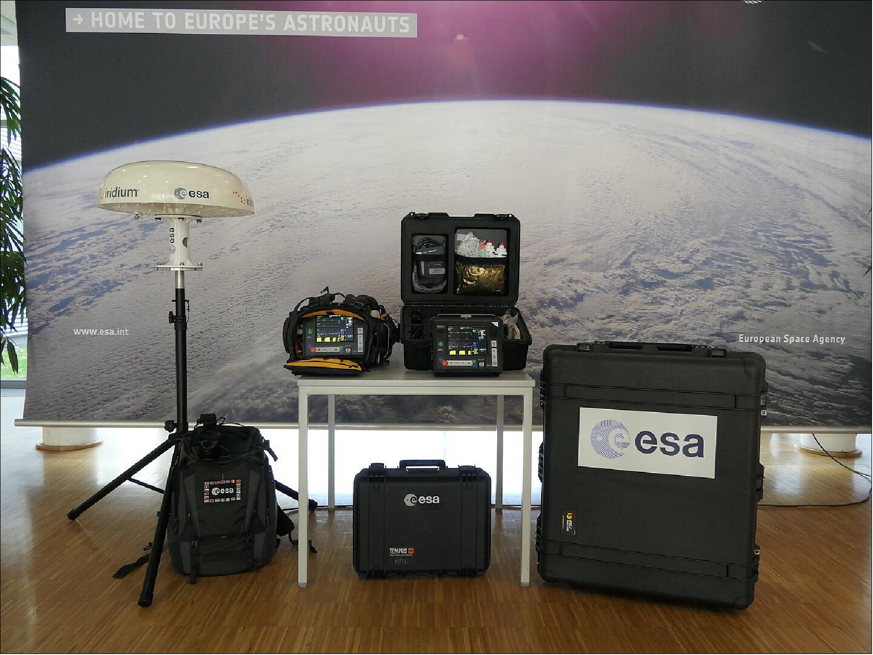 Figure 6: The Tempus Pro telemedicine device, and antenna to connect to the Iridium satellite network that orbits Earth, on display in ESA's astronaut center in Cologne, Germany before being shipped to Argentina for transfer to Argentinian Antarctic bases. Tempus Pro is being tested in the harsh conditions of two Antarctic bases as Europe prepares for the future of human space exploration to the Moon and Mars (photo credit: ESA)