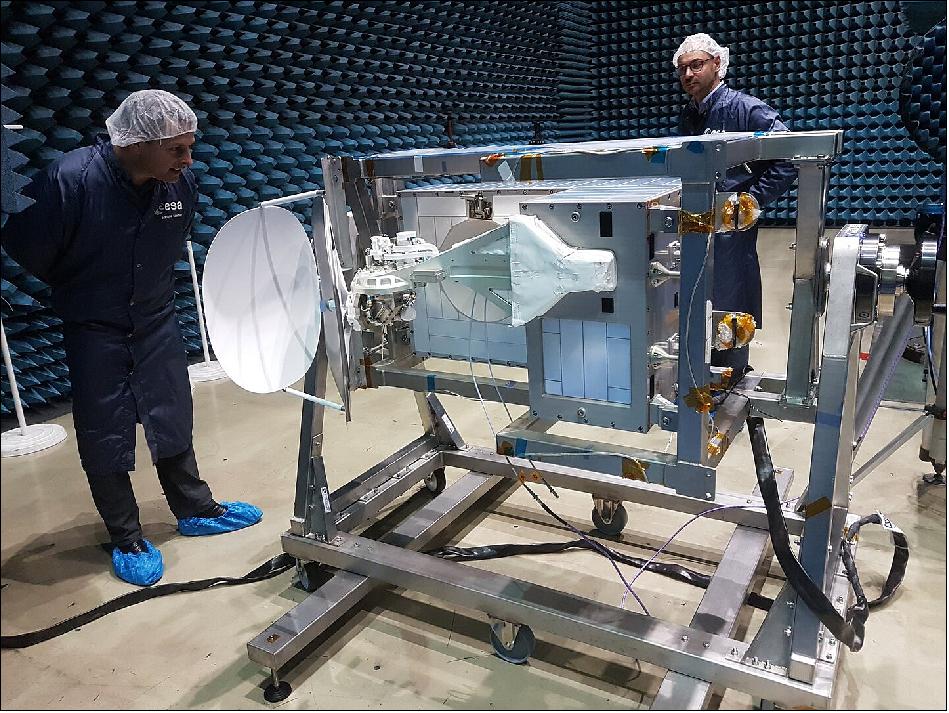 Figure 2: The communications antenna for the Columbus module on the ISS undergoes testing prior to launch. Dubbed ColKa for ‘Columbus Ka-band antenna’, the upgraded system will allow astronauts and researchers to benefit from a direct link with Europe at home broadband speeds of up to 50 Mbit/s for downlink and up to 2 Mbit/s for uplink. It will use the EDRS to transmit information from the ISS upwards to the EDRS satellites that orbit higher above the Earth and enable a direct link to Europe at all times (image credit: ESA) 6)