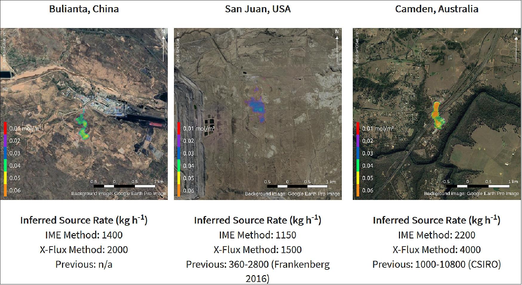 Figure 10: Sample GHGSat-D images of CH4 emissions from coal mines using temporal averaging of multiple observations (image credit: GHGSat) 14)