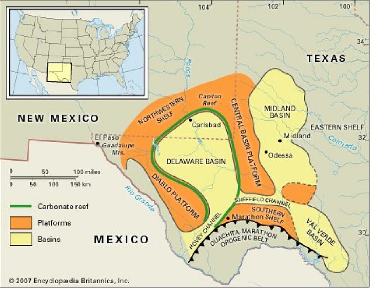 Figure 7: Map of the basins, reefs, and platforms that make up the Permian Basin in West Texas (image credit: Encyclopedia Britannica, Inc.)