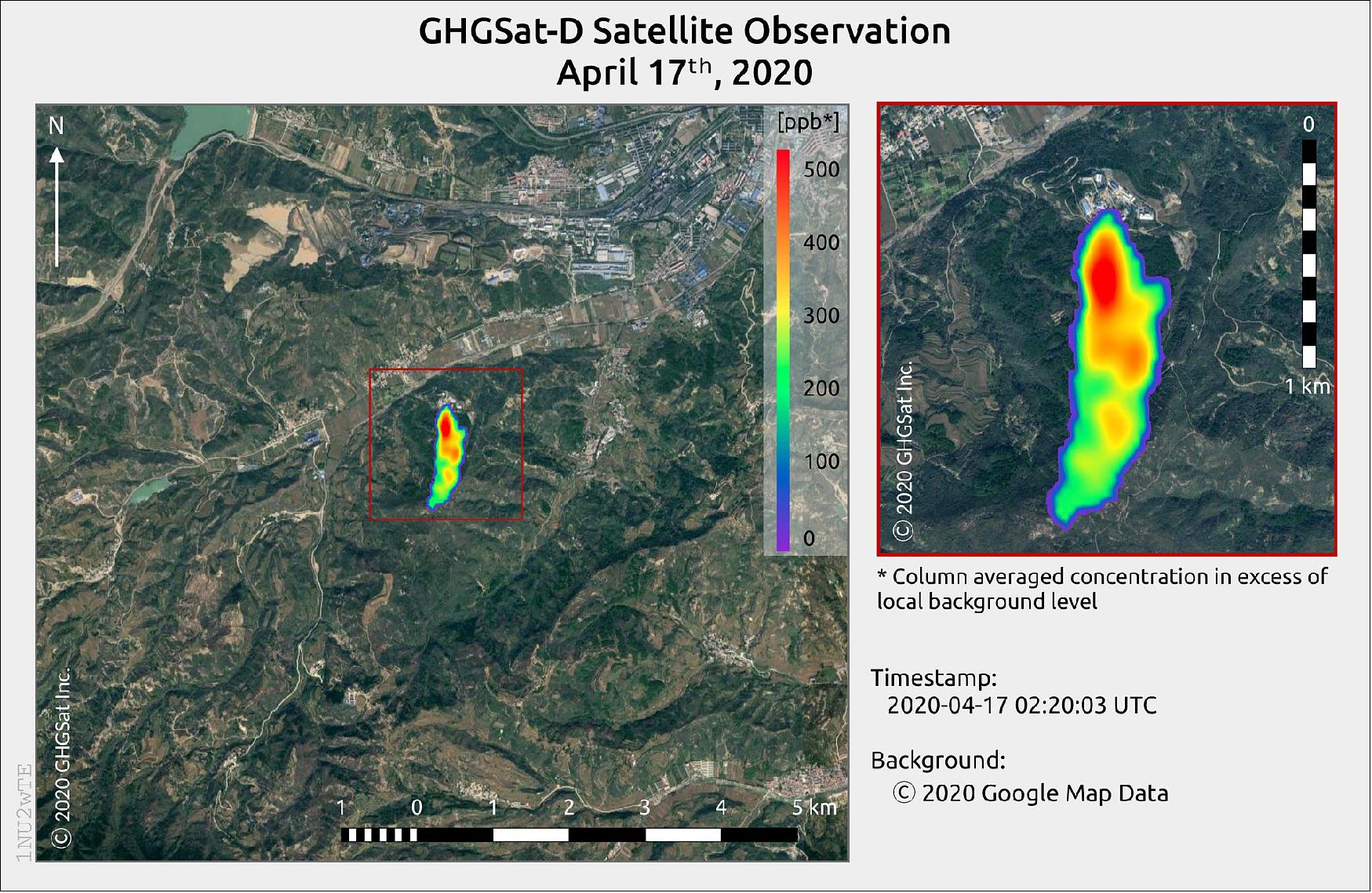 Figure 6: GHGSat methane concentrations over a coal mine in the Shanxi province, China. This image shows GHGSat methane concentrations over a coal mine in the Shanxi province, China (image credit: GHGSat)