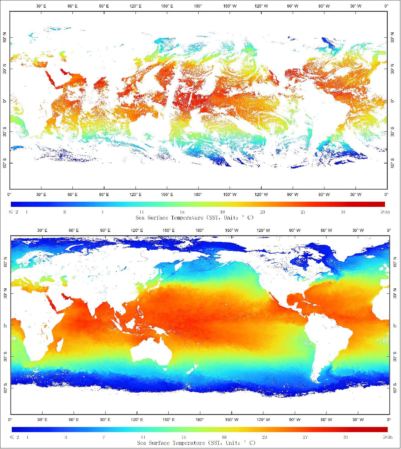 Figure 8: Global grid SST of HY-1C satellite (top: daily ,Oct. 2, 2018; bottom: monthly, Oct.2018), image credit: NSOAS