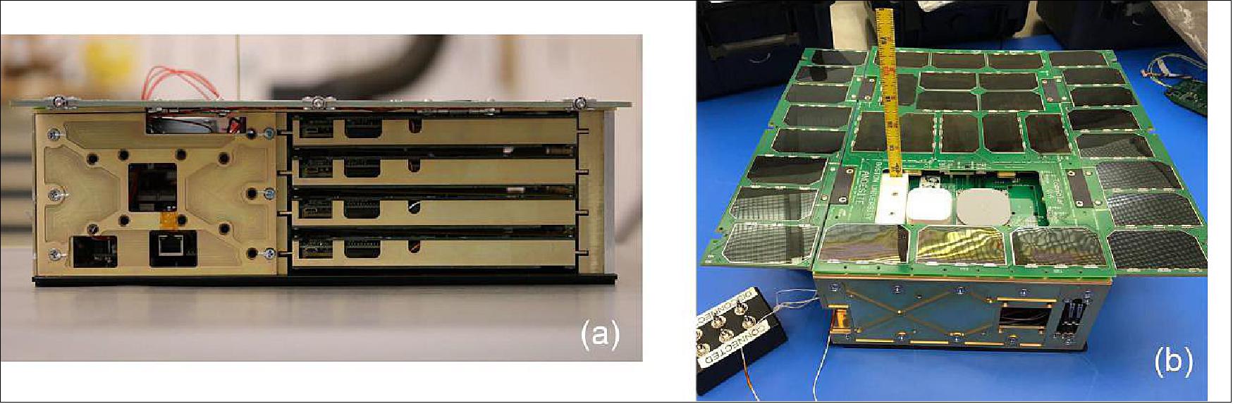 Figure 3: ANDESITE CubeSat: (a) side view, nodes packed within the bus and (b) 6U mule with deployed solar panels (image credit: Boston University)