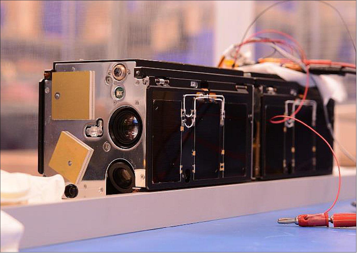 Figure 5: Photo of the AeroCubes-OCSD-B and –C ready for integration into an orbital deployer (image credit: The Aerospace Corporation)